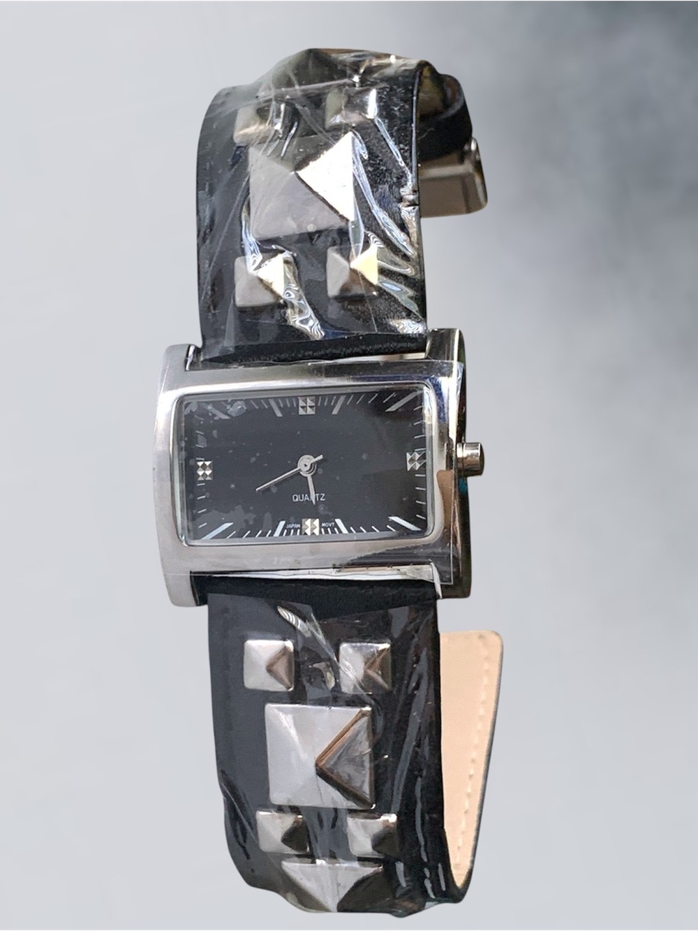 Black Studded Leather-Style Strap Quartz Watch